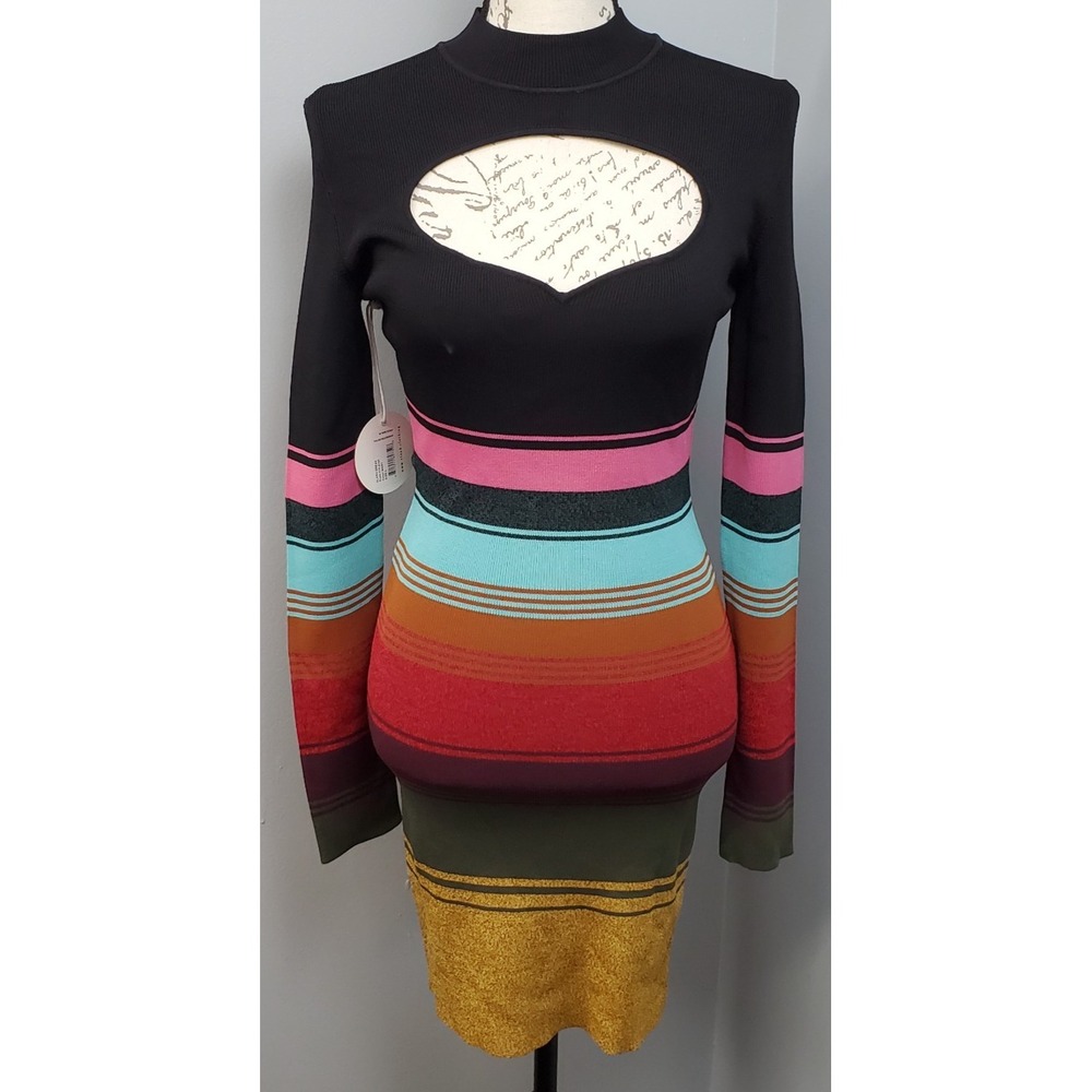 Staud Clara Dress Womens Large Multi Mosaic Striped Knit Front Cutout Designer
